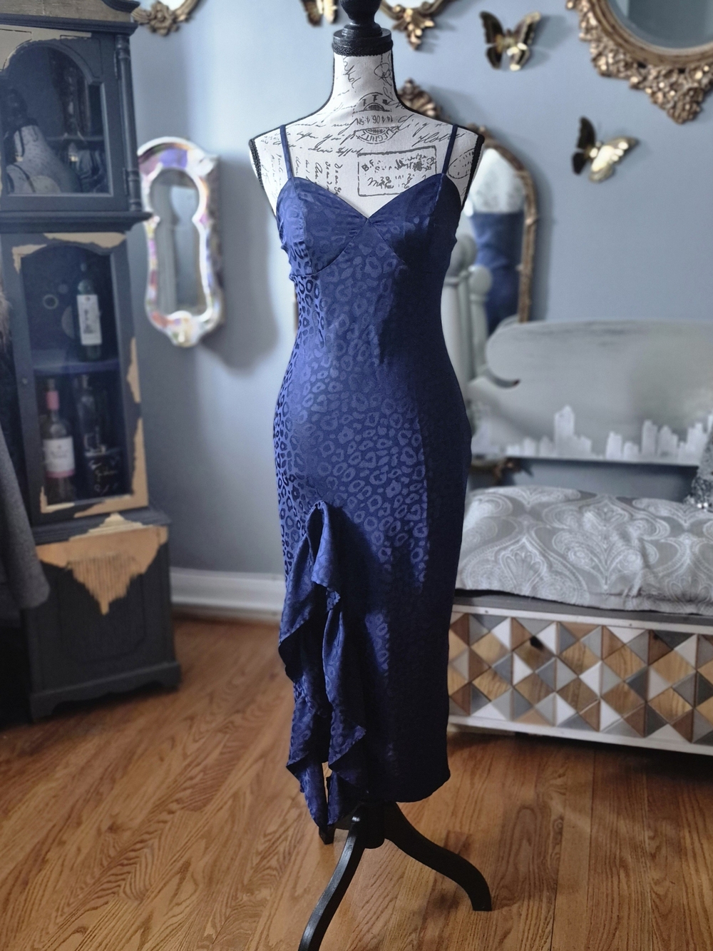 Emerald Sundae Y2K Navy Leopard-Texture Midi Slip Dress XS